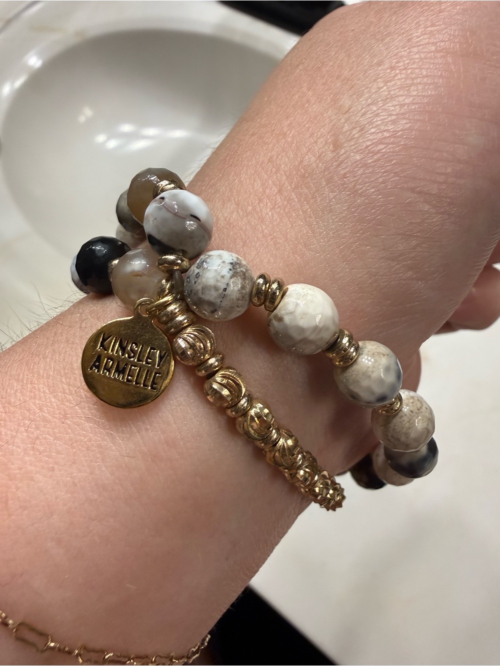 Kinsley Armelle Neutral Agate Bead Stretch Bracelet - Gold Accents